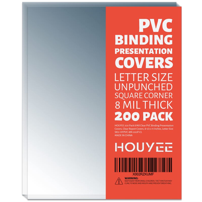 HOUYEE 200 Pack 8 Mil PVC Binding Presentation Covers, Clear Report Covers for Binding, 8-1/2 x 11 Inches, Letter Size - Image 1